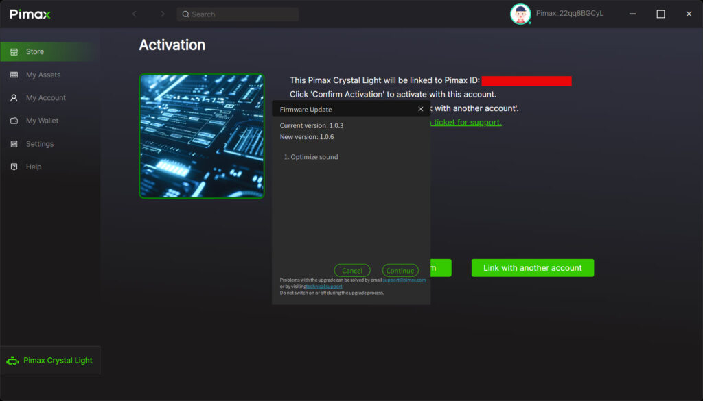 Pimax Crystal Light activation and firmware update