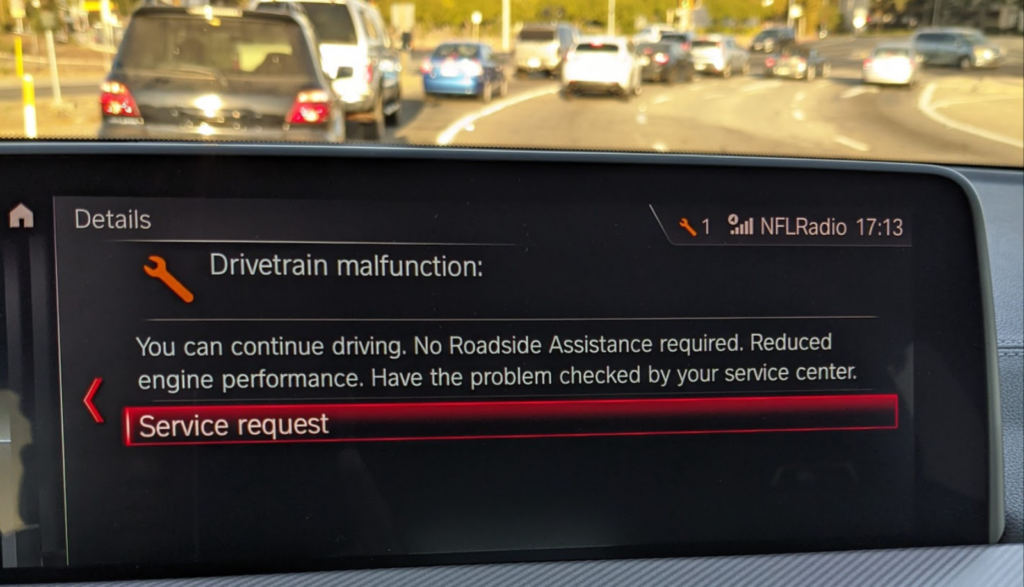 BMW drivetrain malfunction message on iDrive screen