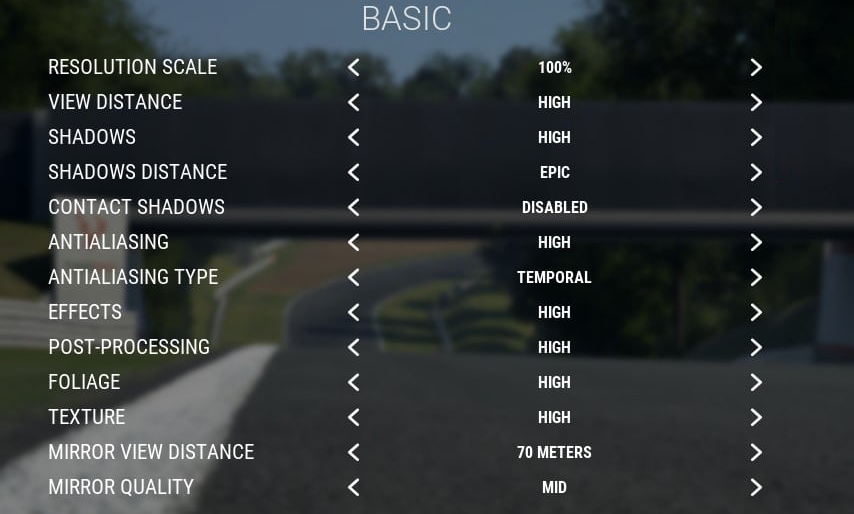 ACC Graphics settings dialogue
