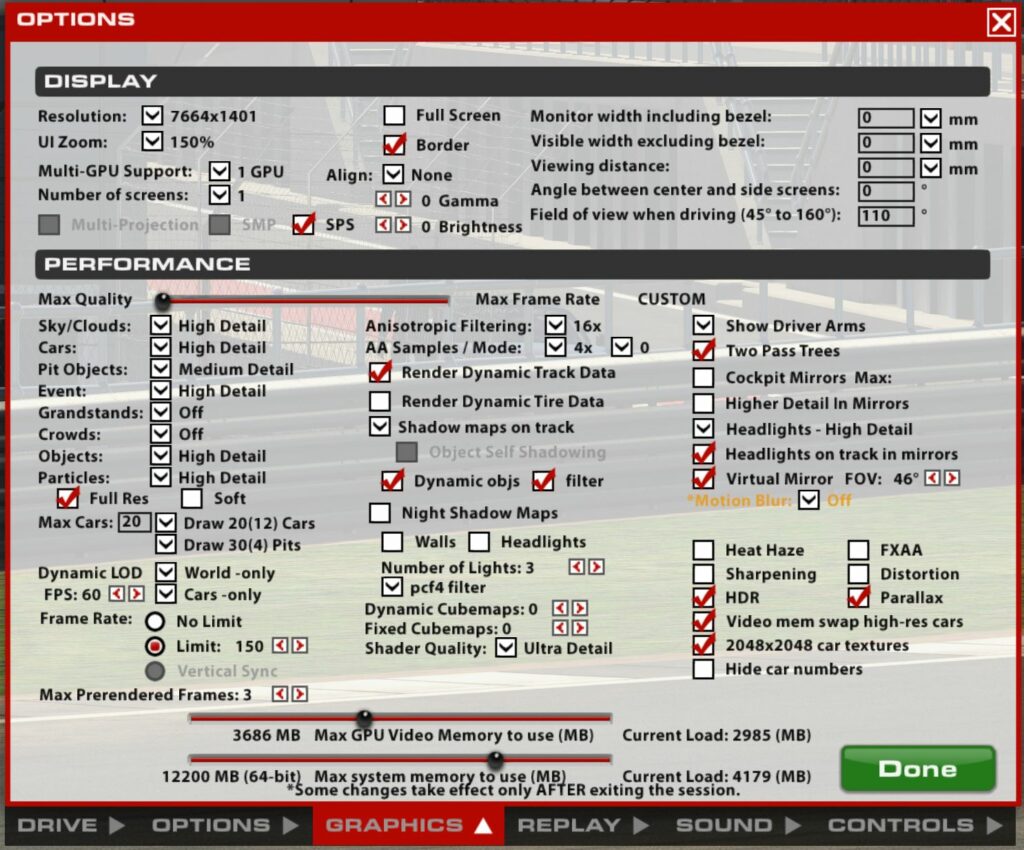 iRacing Graphics settings for Pimax Crystal Light