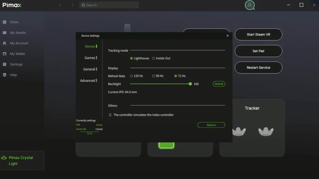Pimax play software refresh rate settings